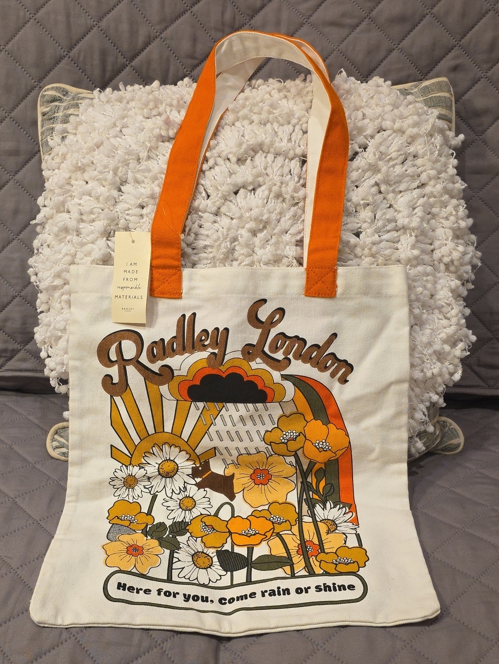 RADLEY LONDON "Here For You" Cream Canvas Tote with Orange Floral Graphic